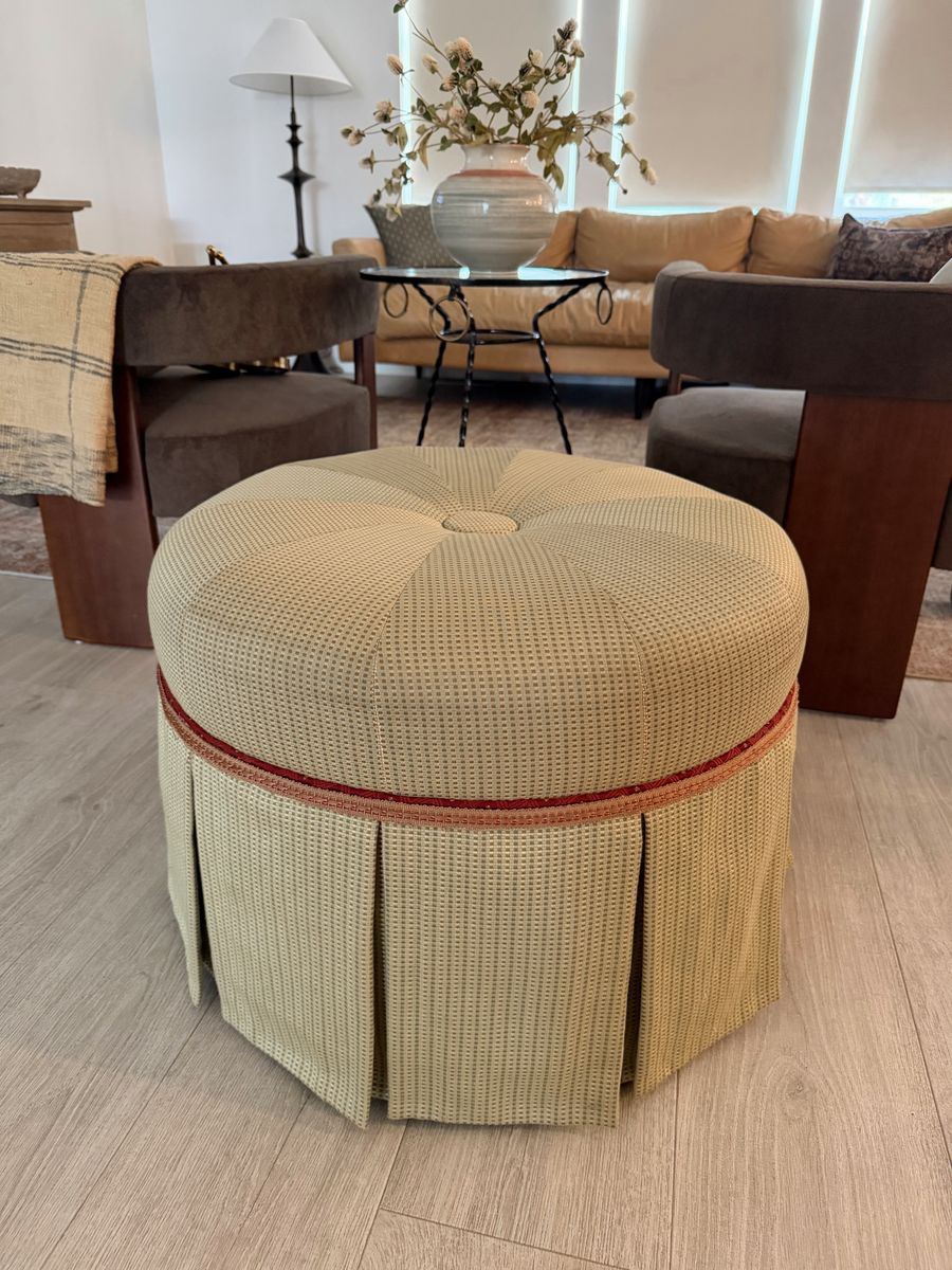 Large Round Upholstered Tufted Ottoman with Pleated Skirt and Trim