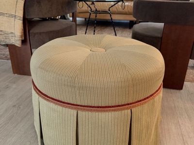 Large Round Upholstered Tufted Ottoman with Pleated Skirt and Trim