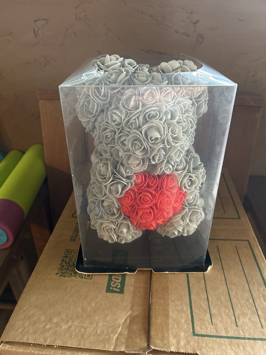 Rose Bear Gray with Red Heart in Gift Box - Artificial Foam Rose Teddy Bear