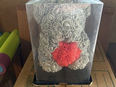 Rose Bear Gray with Red Heart in Gift Box - Artificial Foam Rose Teddy Bear