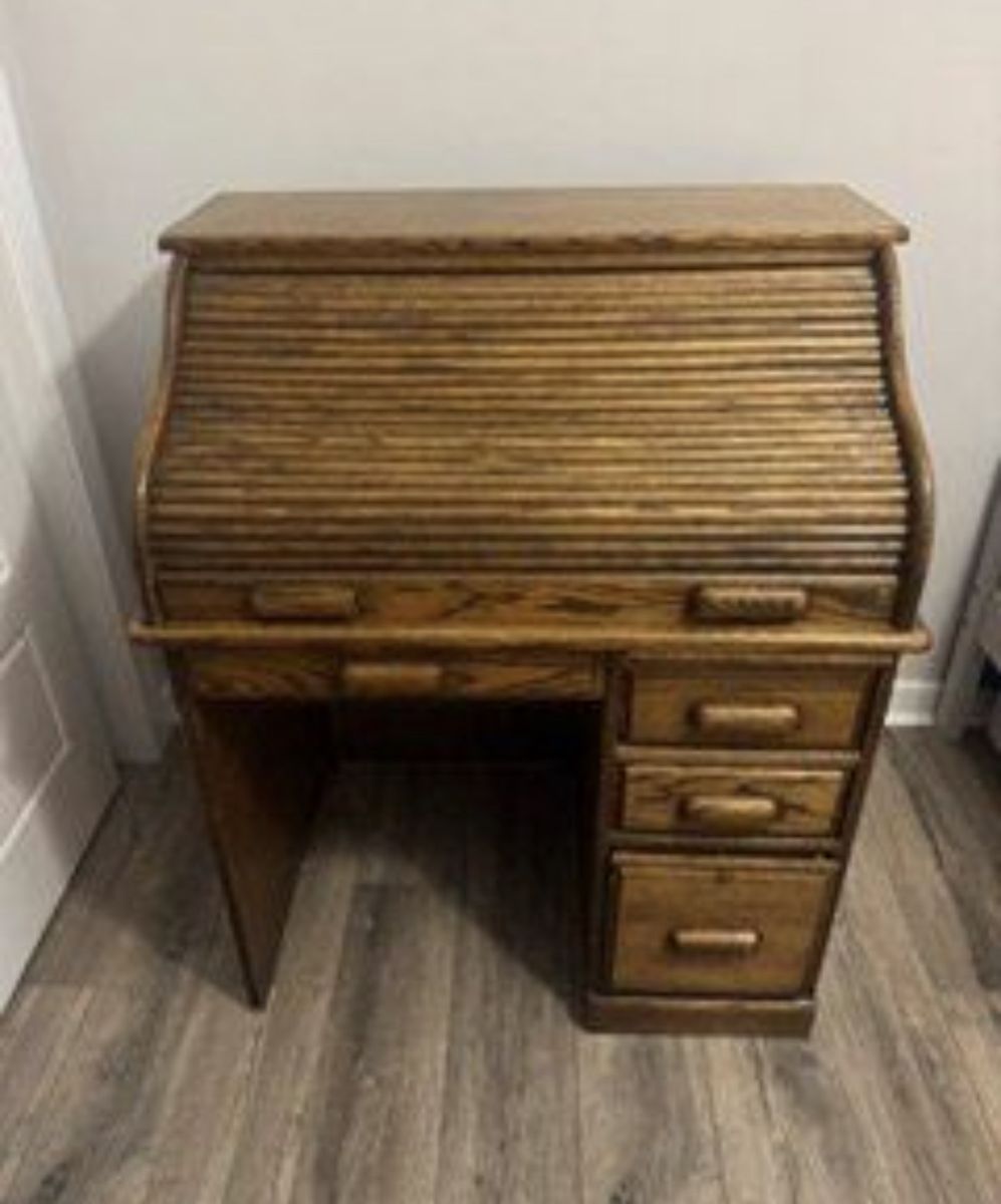 Vintage Wooden Roll Top Desk with Built-in Cubbies and Drawers