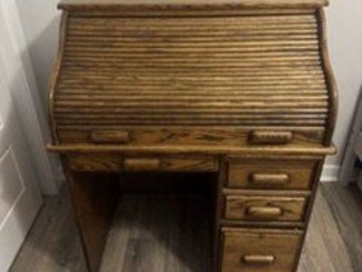 Vintage Wooden Roll Top Desk with Built-in Cubbies and Drawers