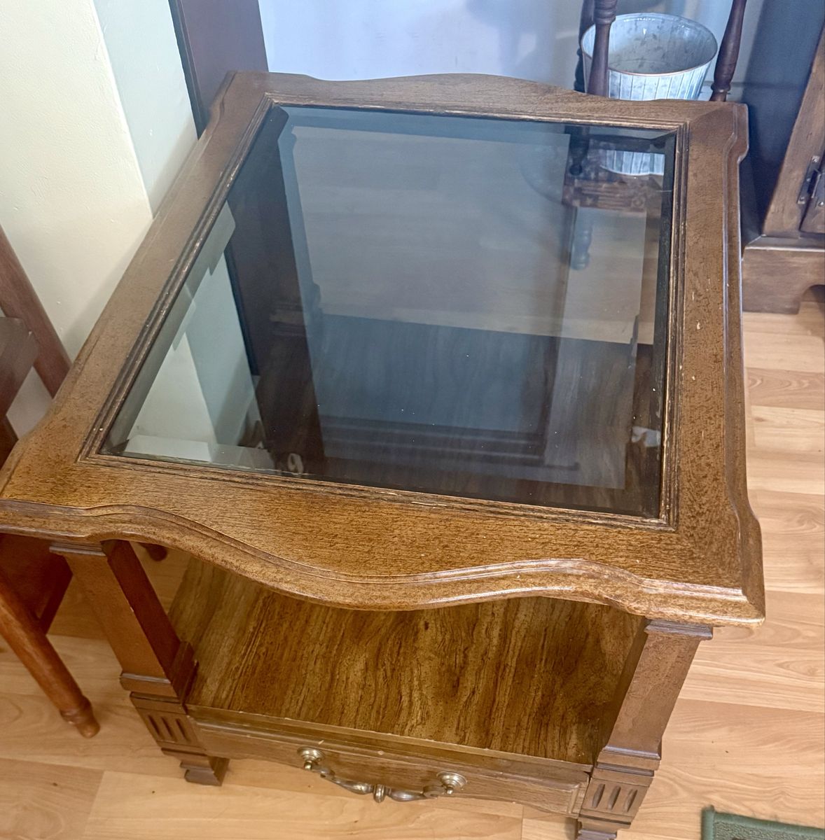 Vintage Wooden End Table with Glass Insert Top and Storage Drawer