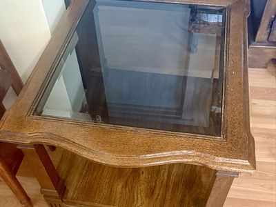 Vintage Wooden End Table with Glass Insert Top and Storage Drawer