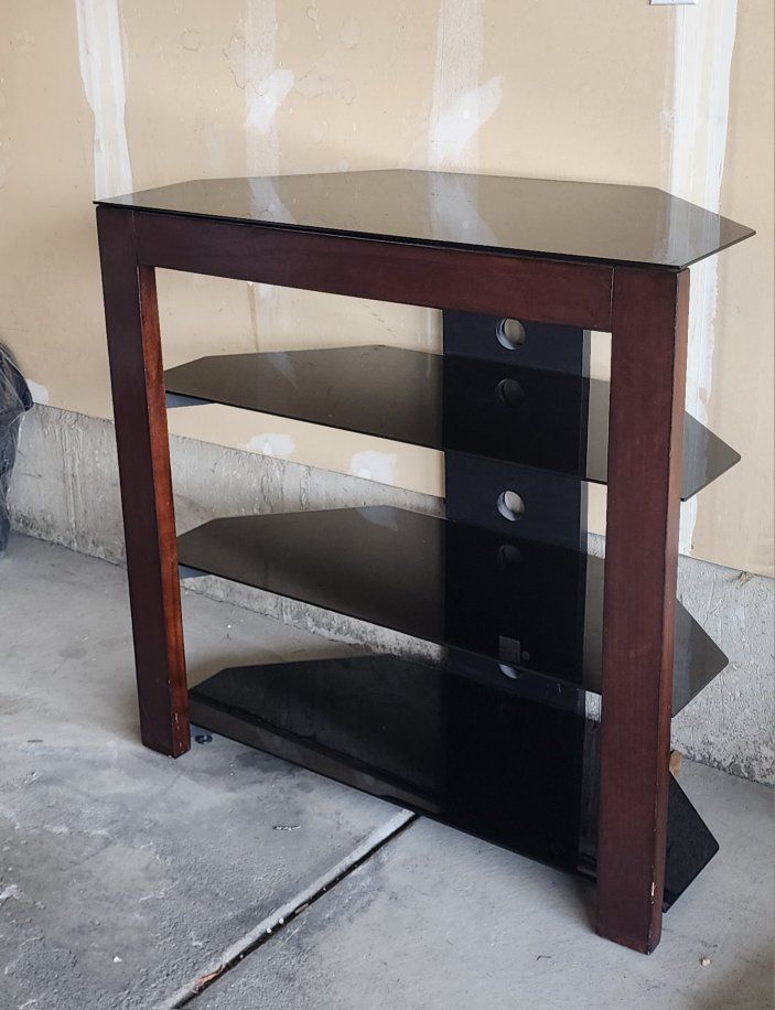 TV Stand with Dark Wood Frame and Tempered Glass Shelves