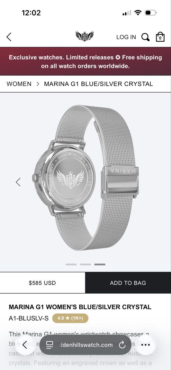 Hidden Hills Marina G1 Women's Blue/Silver Crystal Mesh Band Watch A1-BLUSLV-S