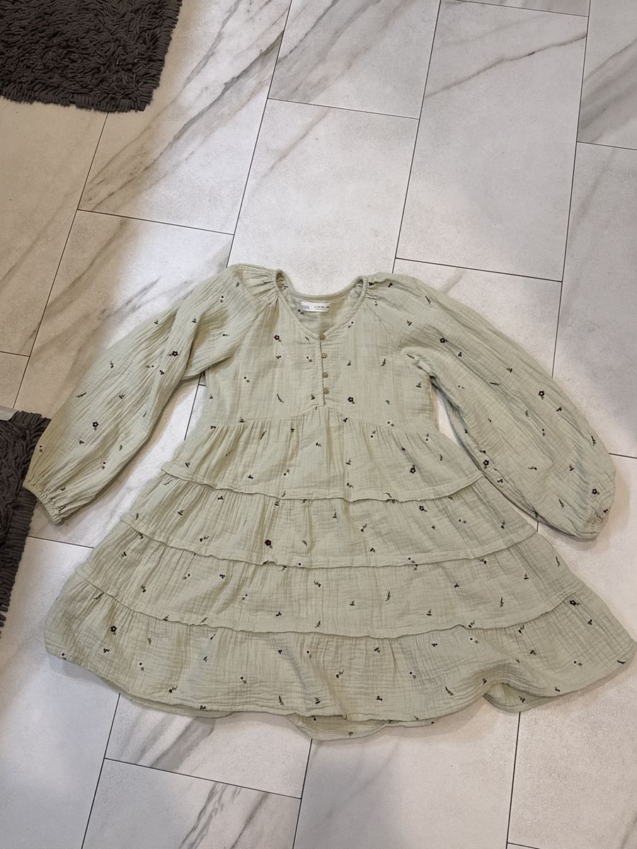ZARA Girls' Sage Green Floral Embroidered Tiered Dress - Size 11-12 (152 CM)
