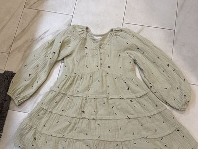 ZARA Girls' Sage Green Floral Embroidered Tiered Dress - Size 11-12 (152 CM)