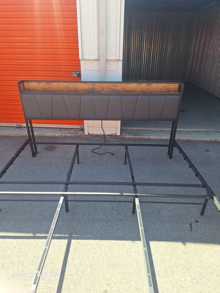 Industrial Metal Bed Frame with Upholstered Storage Headboard & Built-in Outlets/USB Ports