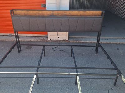 Industrial Metal Bed Frame with Upholstered Storage Headboard & Built-in Outlets/USB Ports