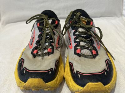 Brooks Caldera women’s size 8 beige with yellow/orange trim, lightweight trail shoes