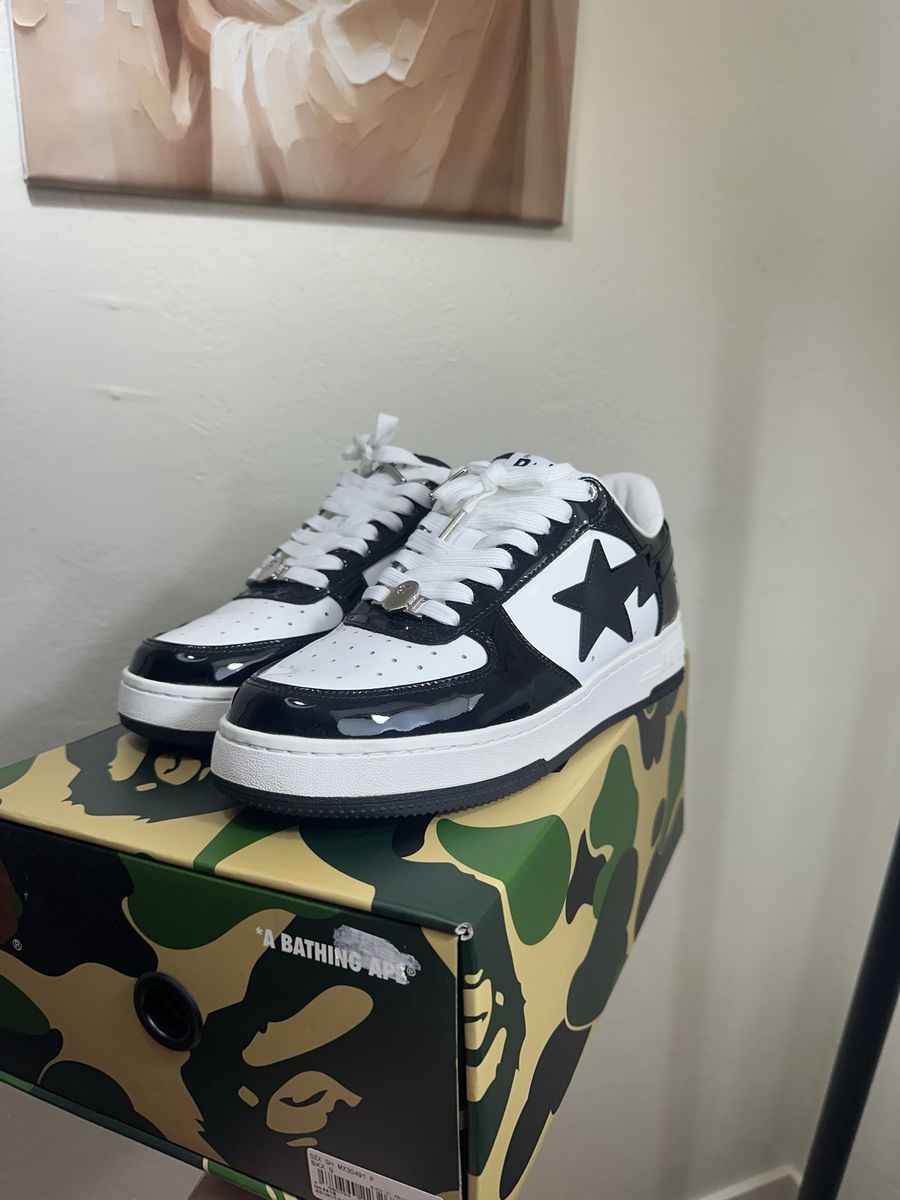 A Bathing Ape Bapesta Low Patent Leather Black White Men's US 9 with Box