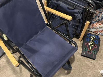Navy Blue Foldable Outdoor Chair with Wood Armrests - Portable Beach/Camping Seat