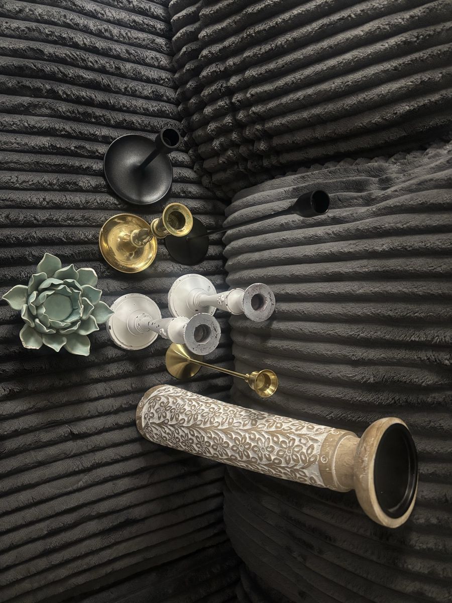 Assorted Candle Holder Lot - Black Metal, Gold Taper, White Distressed, & Carved Wood Pillar