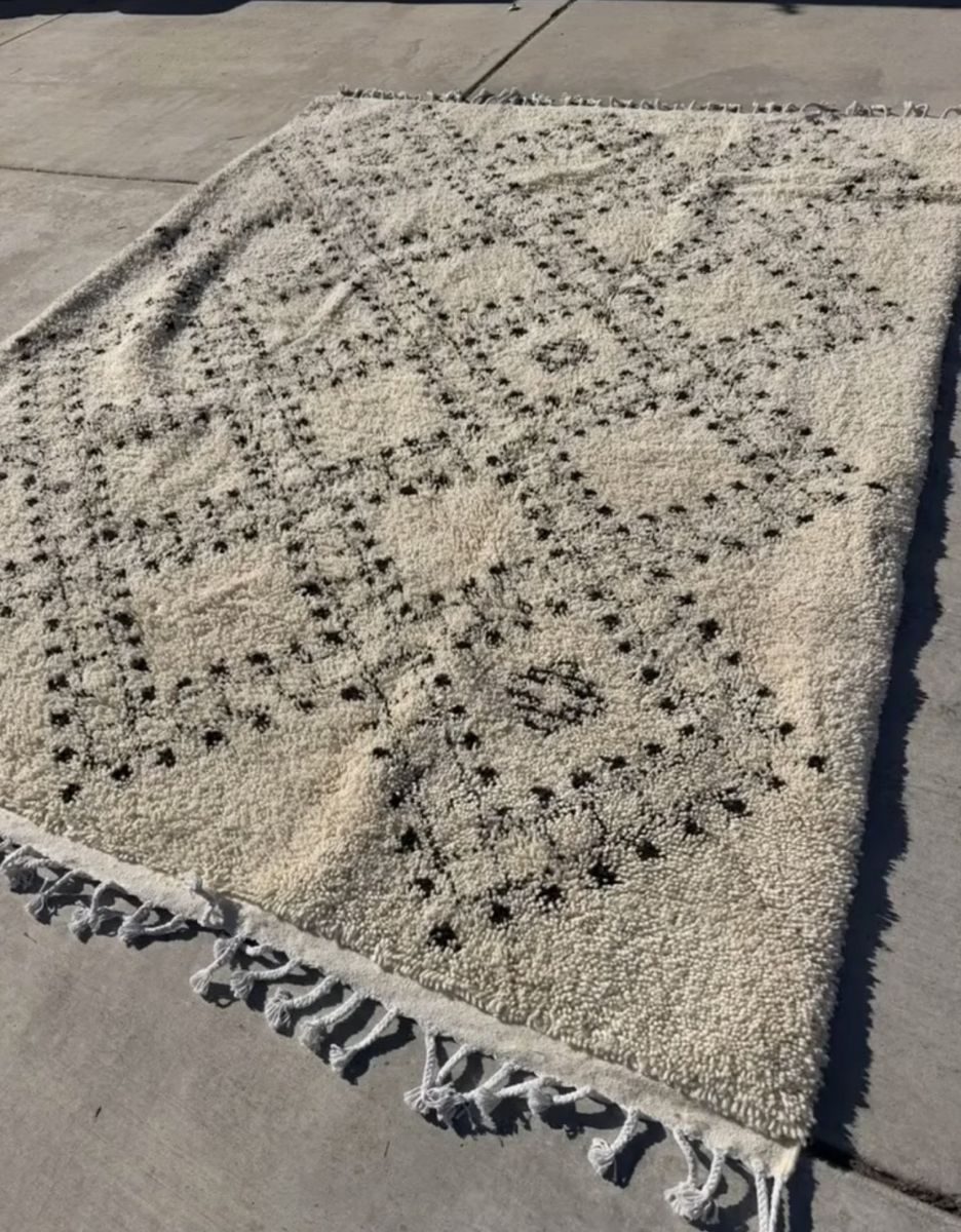 New. Hand-Knotted Moroccan Style Shag Rug - Cream with Black Geometric Pattern and Tassels
