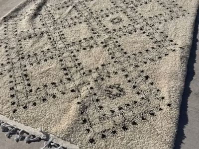 New. Hand-Knotted Moroccan Style Shag Rug - Cream with Black Geometric Pattern and Tassels