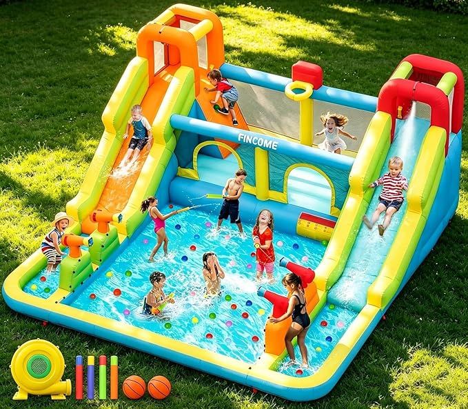 Inflatable Bounce House for Kids, Water Bounce House with Double Slides Indoor Outdoor, 750W Blower