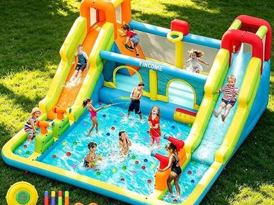 Inflatable Bounce House for Kids, Water Bounce House with Double Slides Indoor Outdoor, 750W Blower