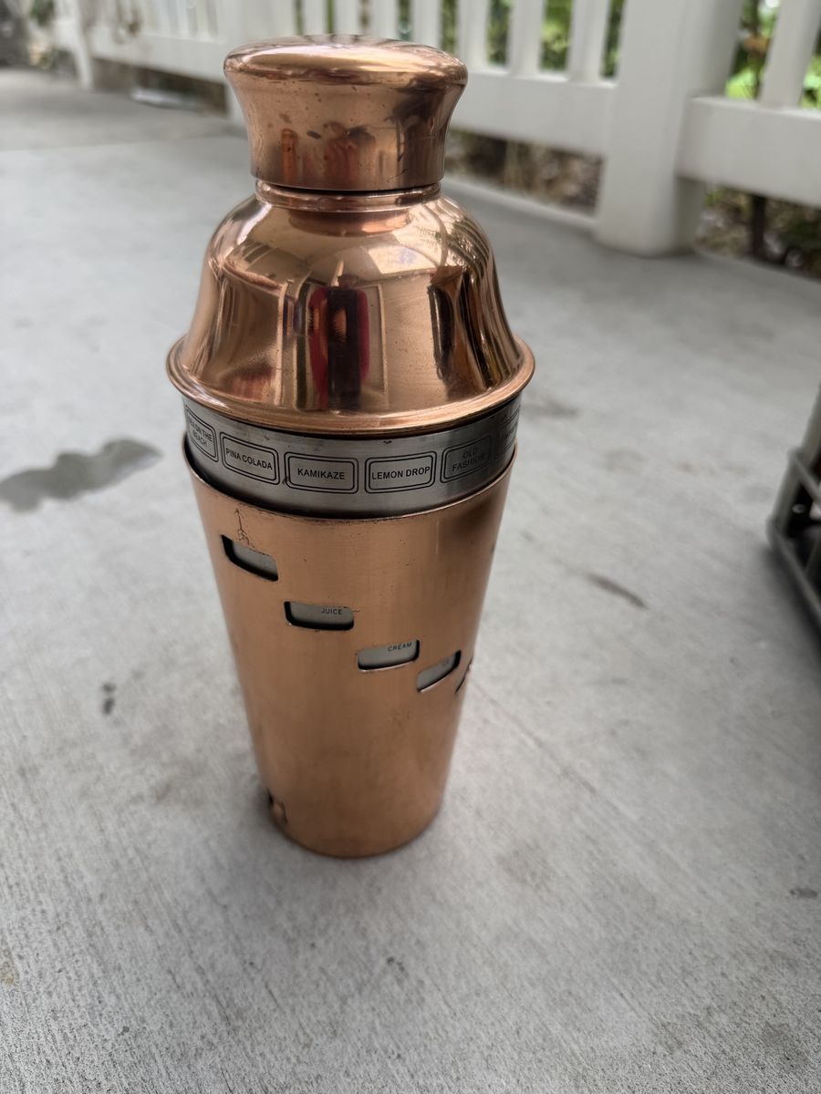 Vintage Copper Cocktail Shaker with Recipes - Stainless Steel Interior