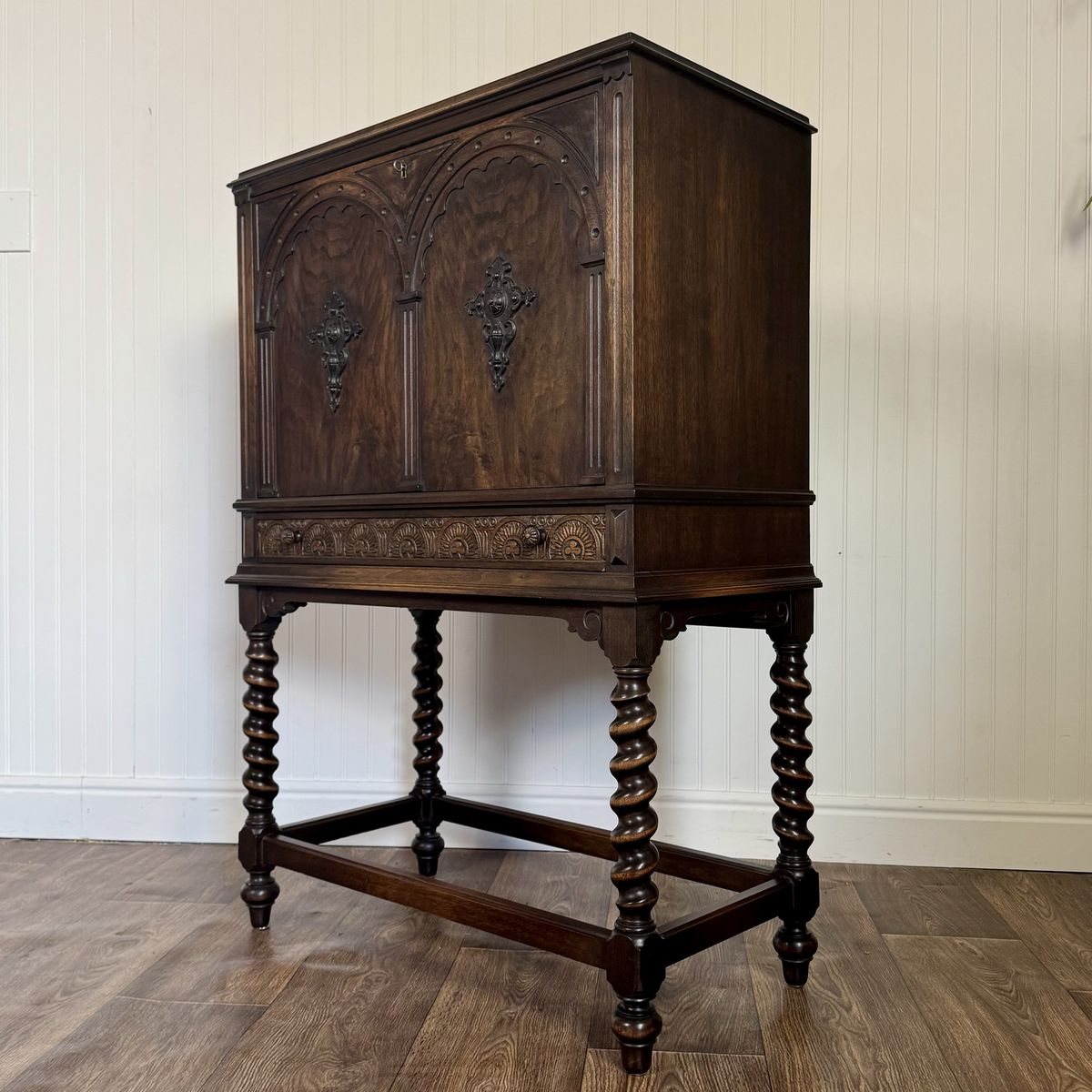 Antique Jacobean Revival  Secretary Desk on Barley Twist Stand – Skandia Furniture Co.
