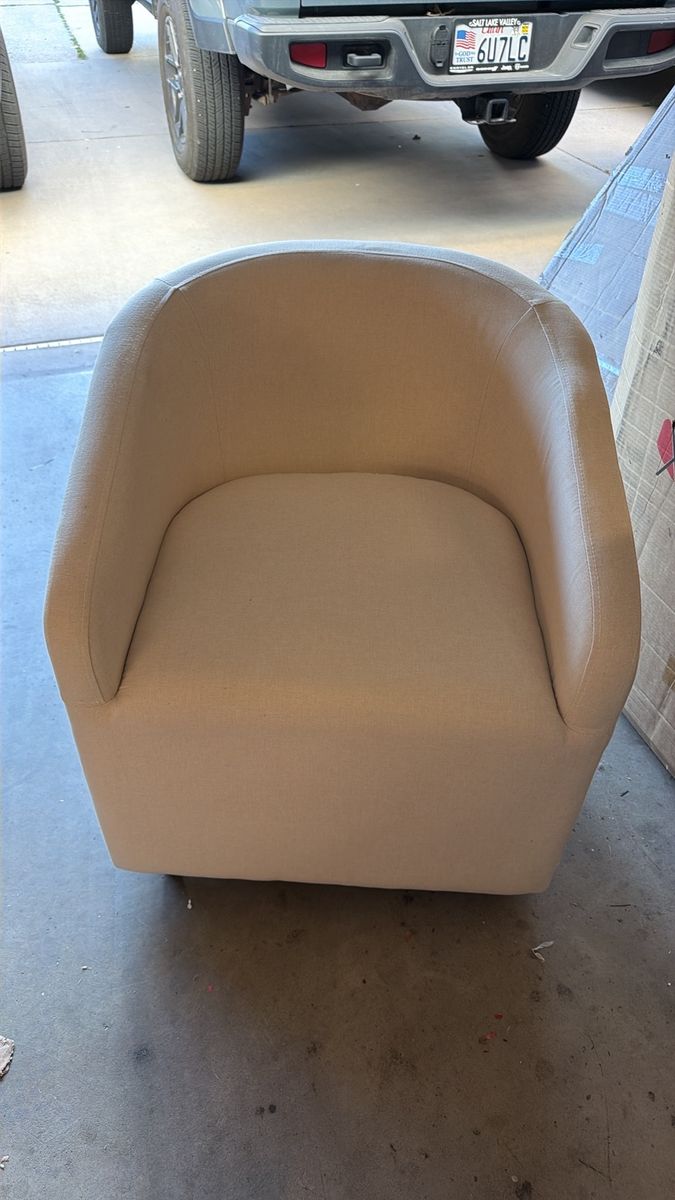 New Beige Upholstered Barrel Accent Chair on wheels