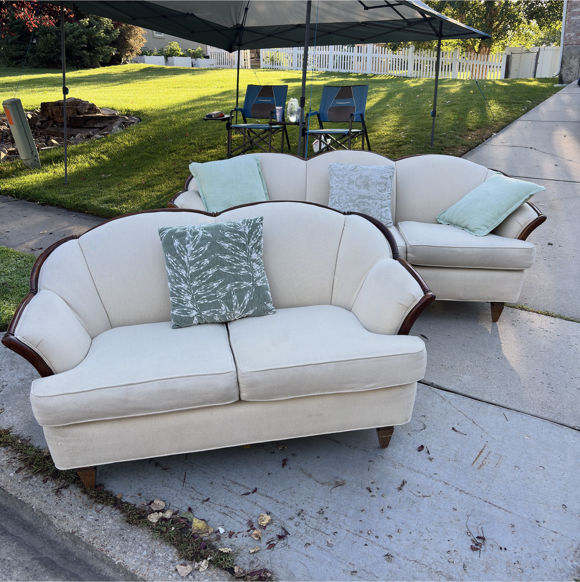 Cream Sofa and Loveseat Set with Wood Trim