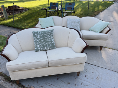 Cream Sofa and Loveseat Set with Wood Trim