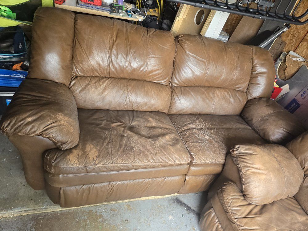 Used Brown Leather Reclining Armchair and Couch - Comfortable & Durable