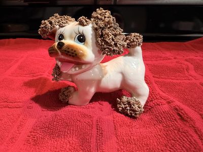 Vintage Spaghetti Ceramic Poodle Dog Figurine White Brown