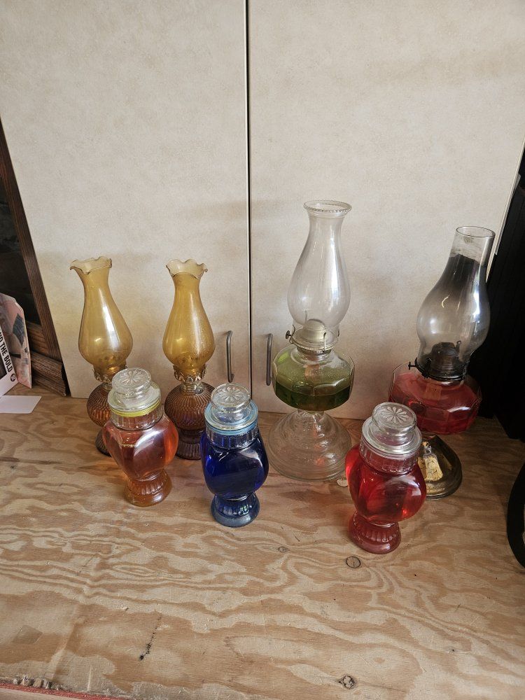 Vintage Glass Oil Lamp Collection - Amber, Red, Blue, Clear - Set of 4 Decorative Lamps