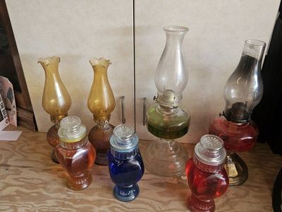 Vintage Glass Oil Lamp Collection - Amber, Red, Blue, Clear - Set of 4 Decorative Lamps