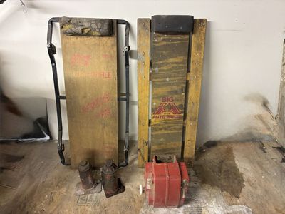 Vintage creepers, bottle jacks & winch
