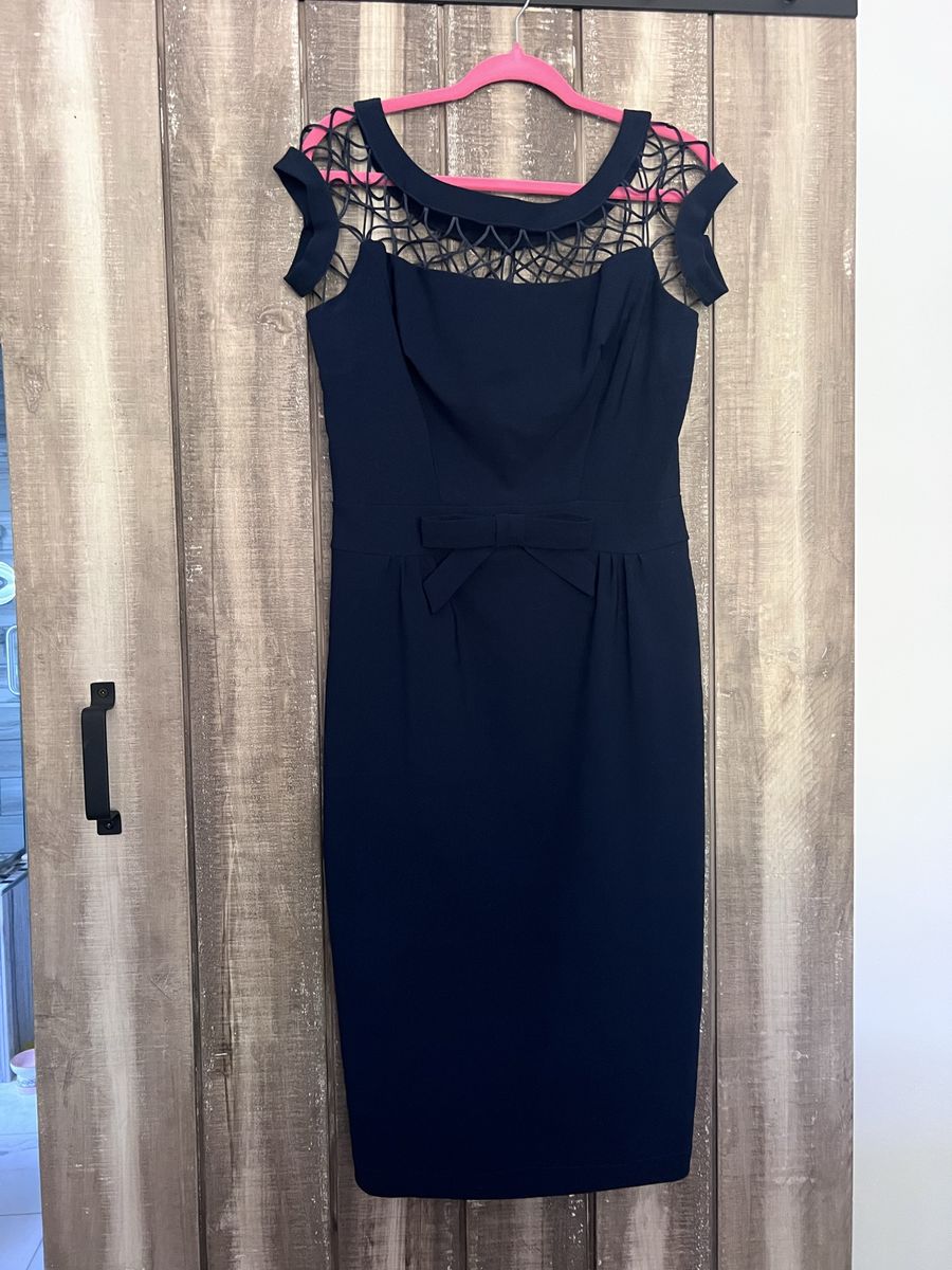 Tatyana Alika Elegant Navy Blue Cocktail Sheath Dress with Lattice Illusion Yoke, Size L