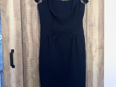 Tatyana Alika Elegant Navy Blue Cocktail Sheath Dress with Lattice Illusion Yoke, Size L