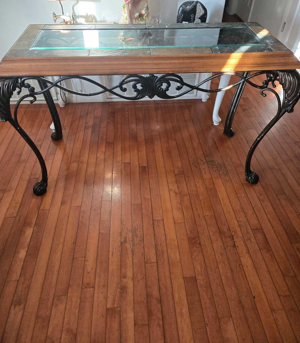 Elegant Console Table with Glass Top & Ornate Wrought Iron Base