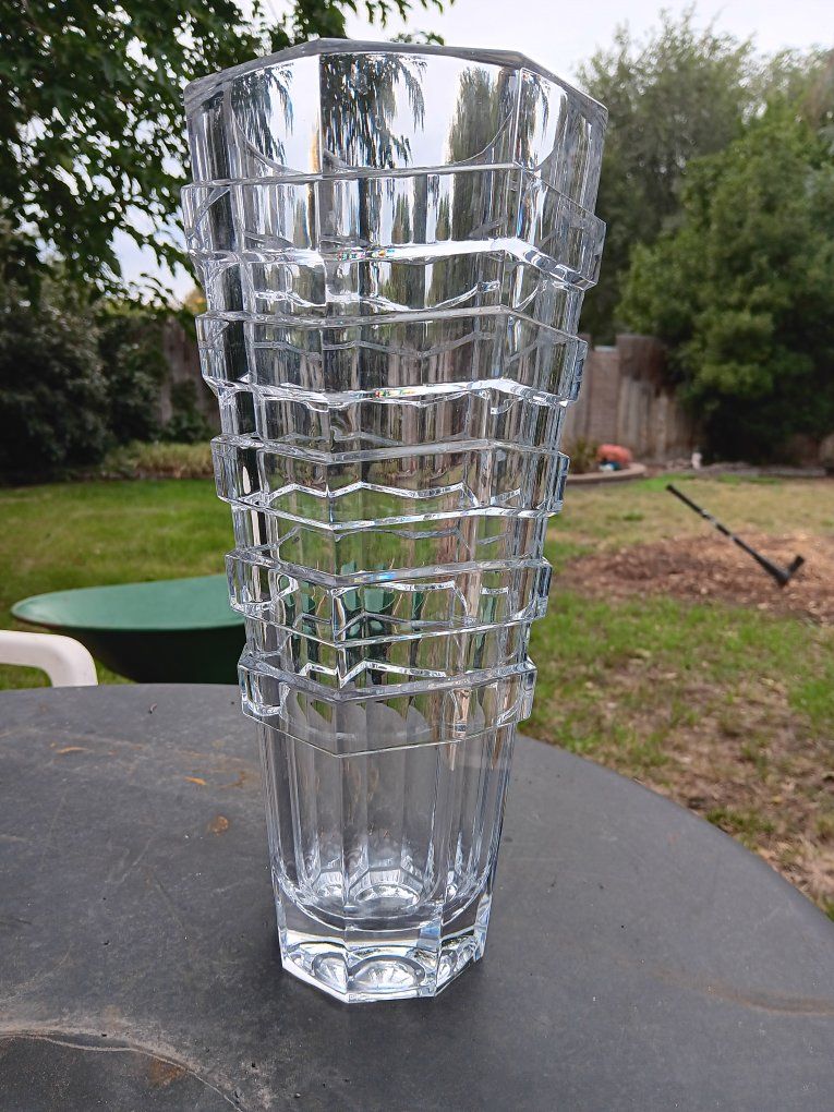 Heavy Faceted Clear Crystal Vase Geometric Pattern