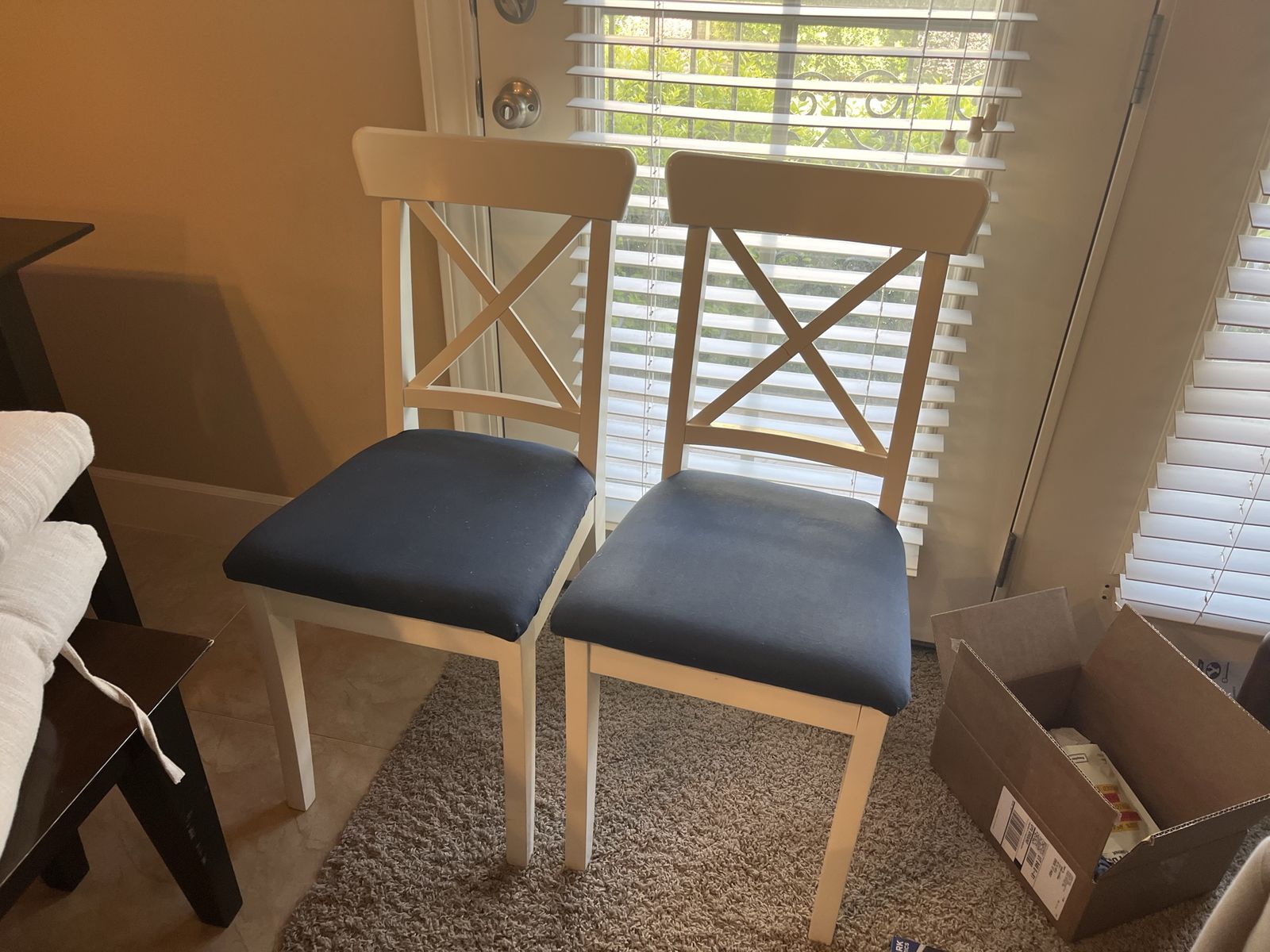 2 White Kitchen Chairs with Navy Cushions