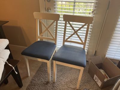 2 White Kitchen Chairs with Navy Cushions