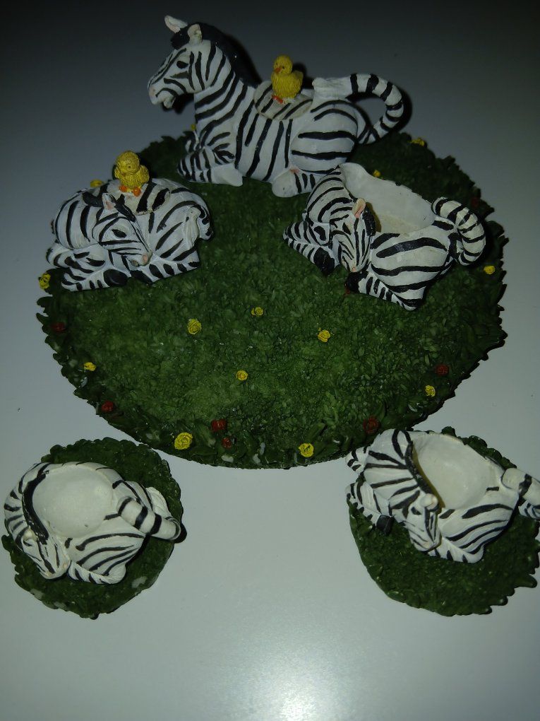 Zebra Figurine Set with Grass Base and Small Yellow Birds
