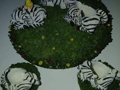 Zebra Figurine Set with Grass Base and Small Yellow Birds