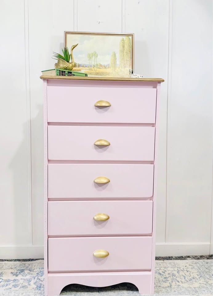 Vintage Modern Inspired Pink 5 Drawer Dresser | Modern Inspired 5 Drawer Chest | Dresser