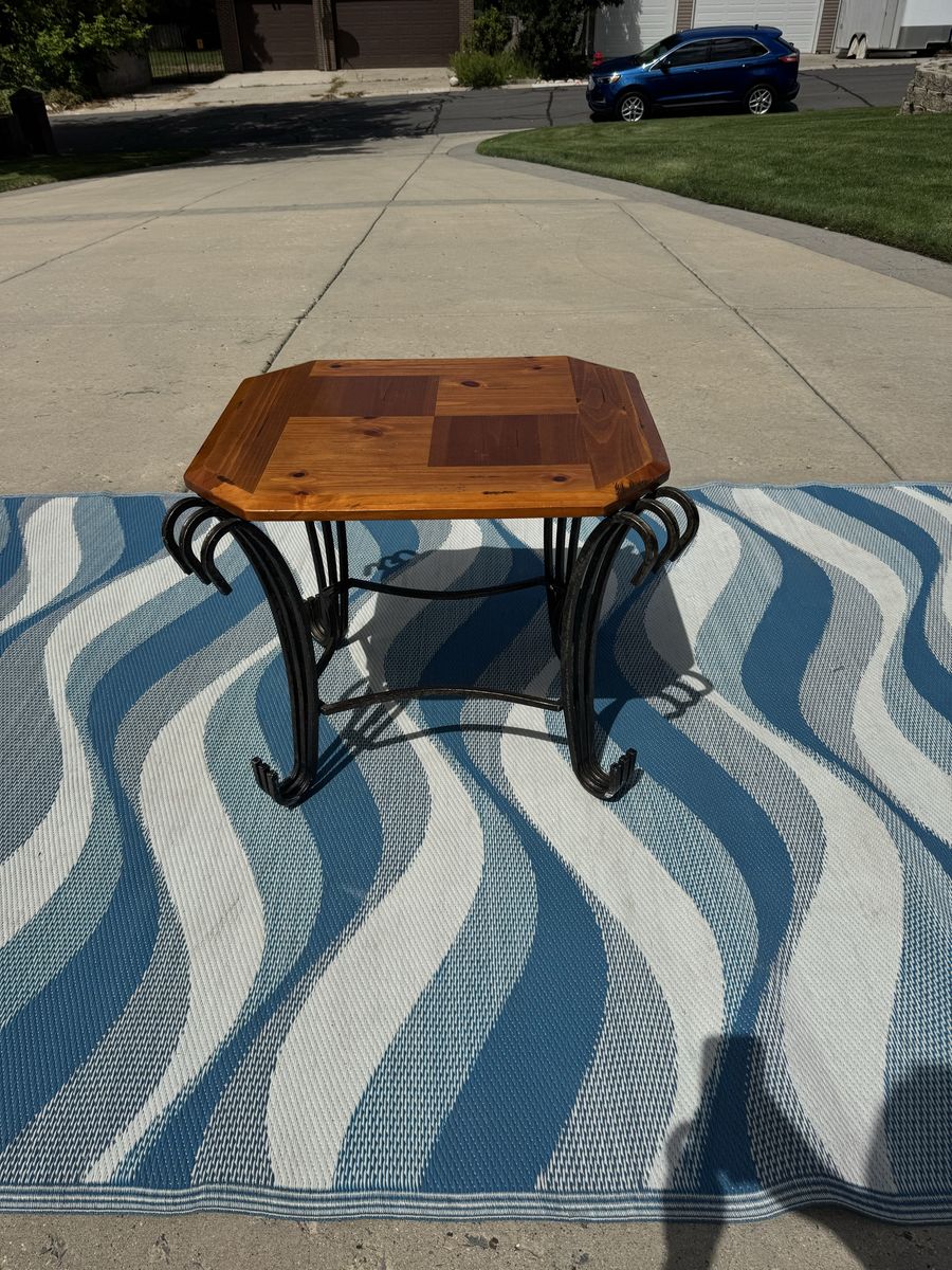Rustic Wood Top Accent Table with Ornate Wrought Iron Base