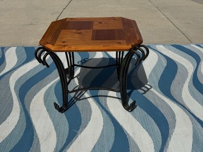 Rustic Wood Top Accent Table with Ornate Wrought Iron Base