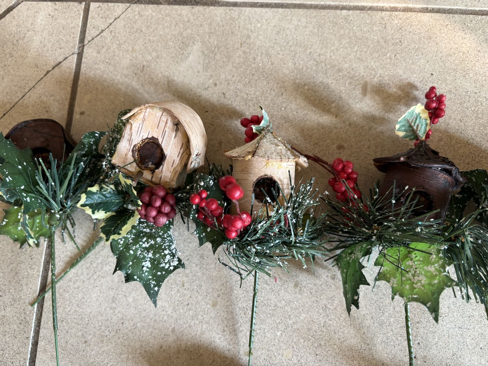 13 Birdhouse w/ Holly Sprigs & Ornaments