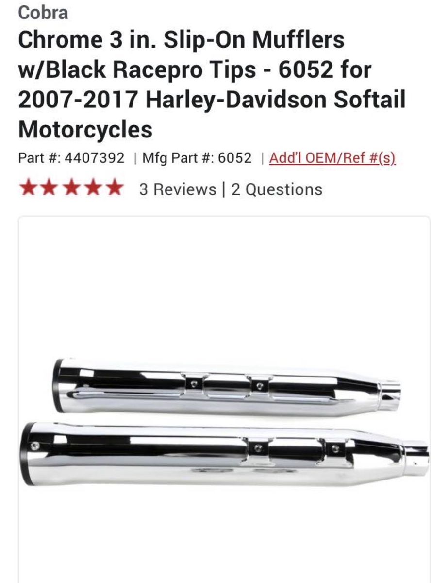 Cobra Chrome 3in Slip-On Mufflers w/ Black Racepro Tips for 07-17 Harley-Davidson Softail 6052
