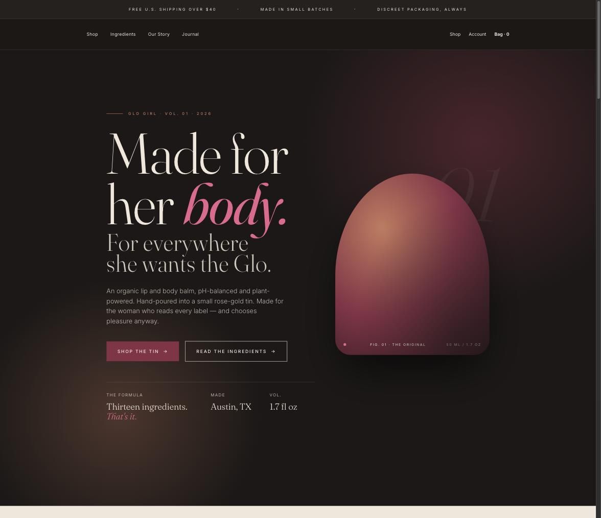 GLO GIRL - –	Glo Girl — Organic Lip & Body Balm Brand | Editorial Design, 13-Ingredient Formula, Roadmap Built