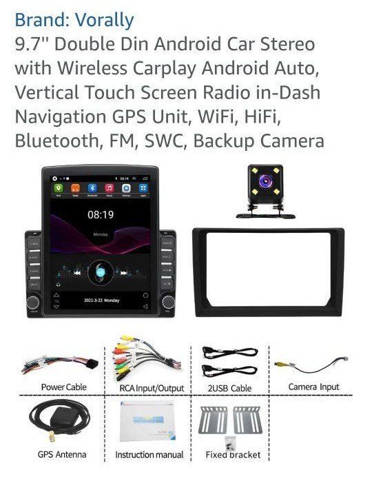 Vorally 9.7" Double Din Android Car Stereo with Wireless CarPlay, Android Auto & Touch Screen GPS Navigation new