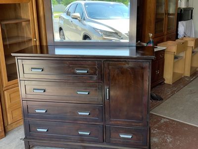 Dark Wood Dresser with Mirror - Spacious Storage for Bedroom