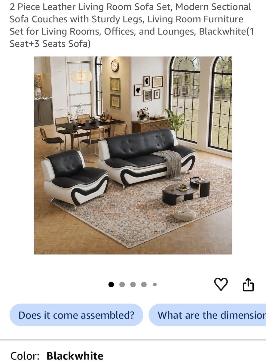 Modern 2-Piece Blackwhite Leather Living Room Sofa Set - 1 Seat Sofa + 3 Seat Sofa OBO