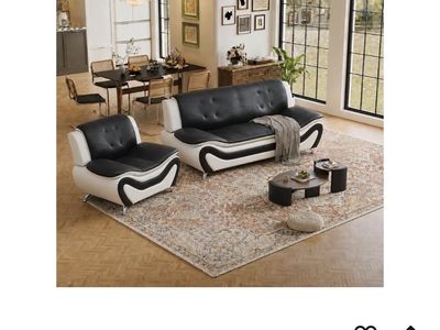 Modern 2-Piece Blackwhite Leather Living Room Sofa Set - 1 Seat Sofa + 3 Seat Sofa OBO